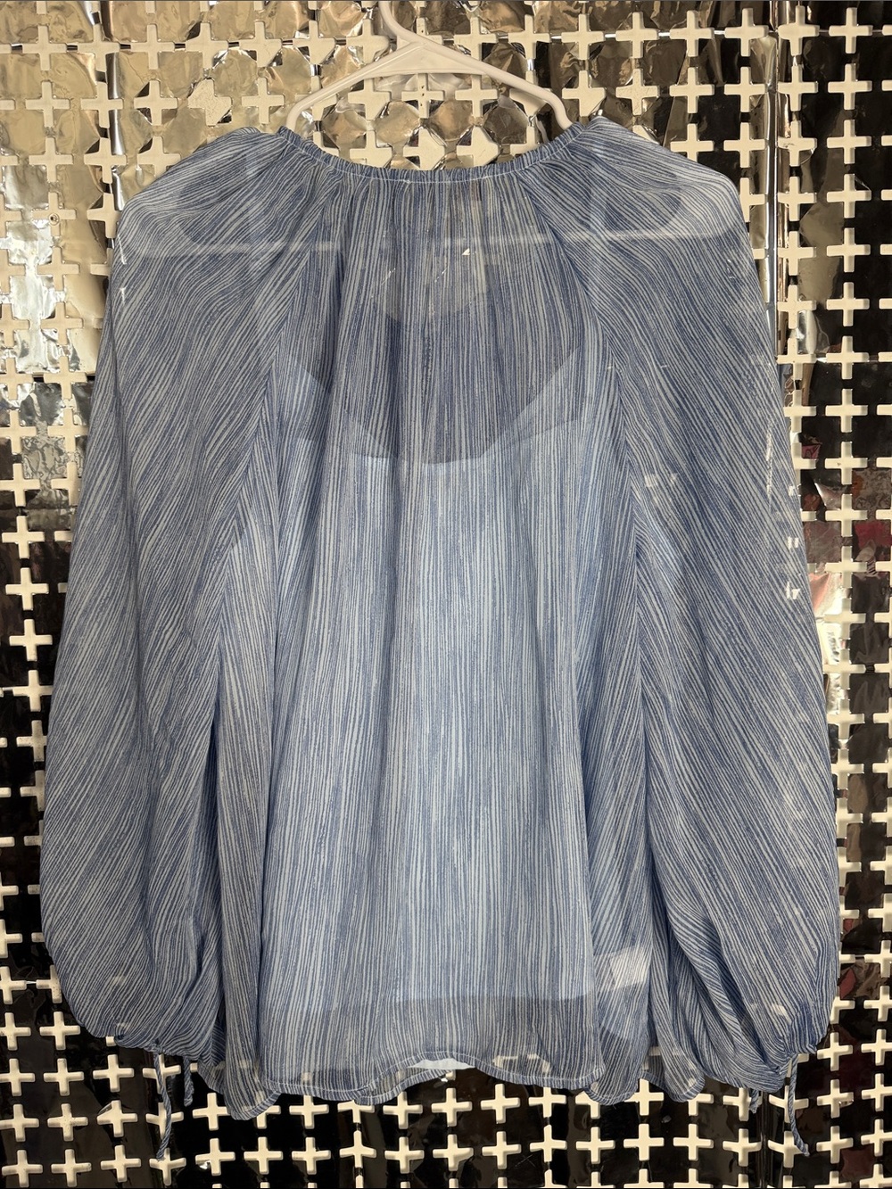 LOFT Light Blue Striped Ruffle-Front Blouse - Picture 6 of 6